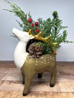Ceramic Reindeer Planter With Faux Greenery Red Berries & Pinecones Holiday